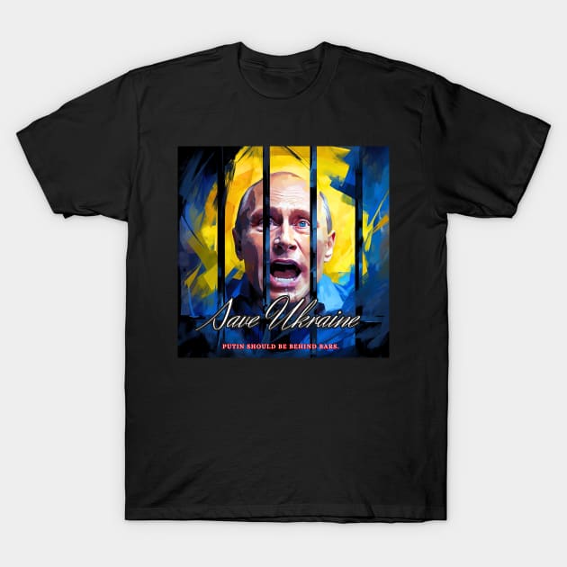 Putin is afraid and screaming in prison behind bars. Play in blue and yellow colors T-Shirt by Yurii